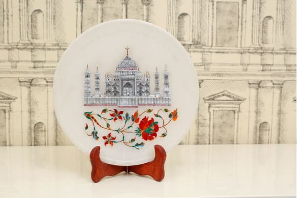 White Marble Serving Round Plate Taj Mahal Decor Inlay